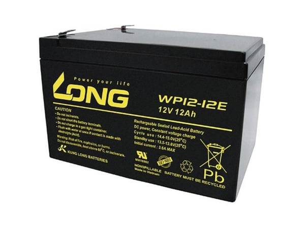 Long WP12-12E blybatteri 12 V 12 Ah blyfleece (B x H x D) 151 x 98 x 98 mm flatstift 6,35 mm syklusstabilt, lav selvutlading, vedlikeholdsfritt