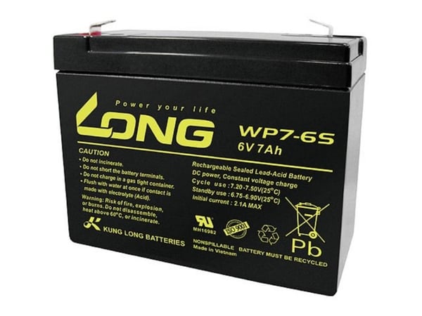 Pitkä WP7-6S WP7-6S Lyijyakku 6 V 7 Ah Lyijyakku (L x K x S) 116 x 99 x 50 mm Litteä liitin 4,8 mm Matala itsepurkautuminen, huoltovapaa