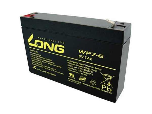 Long WP7-6 blybatteri 6 V 7 Ah blyfleece (B x H x D) 151 x 100 x 34 mm flatstift 4,8 mm lav selvutlading, vedlikeholdsfritt