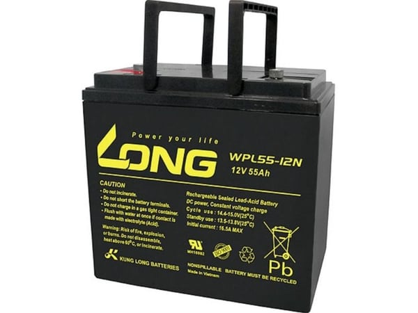 Long WPL55-12 blybatteri 12 V 55 Ah blyfleece 226 x 214 x 135 mm M6 skrutilkobling lav selvutlading