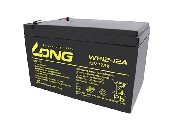 Long WP12-12A/F1 blybatteri 12 V 12 Ah blyfleece 151 x 98 x 98 mm flatkontakt 4,8 mm VDS-sertifisert lav selvutlading vedlikeholdsfritt