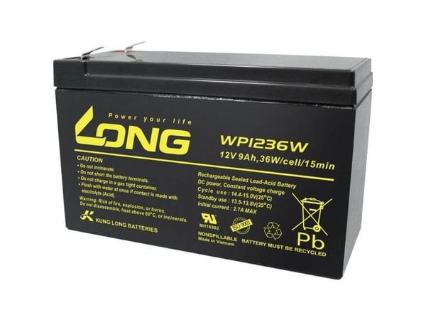 Long WP1236W blybatteri 12 V 9 Ah blyfleece (B x H x D) 151 x 102 x 65 mm flatstift 6,35 mm lav selvutladning vedlikeholdsfri