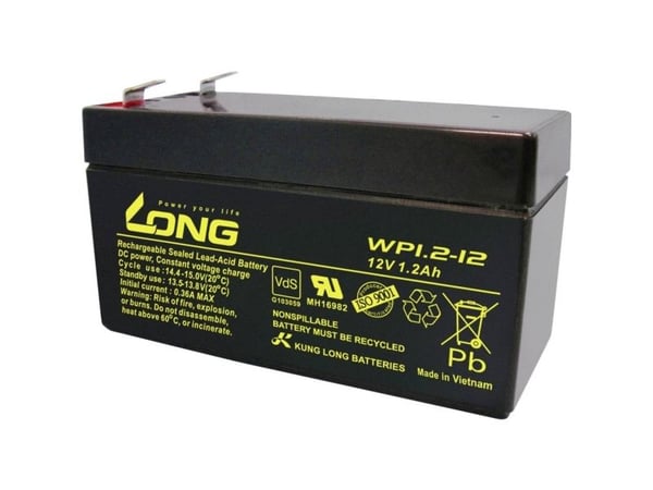 Long WP1.2-12 blybatteri 12 V 1,2 Ah blyfleece (B x H x T) 97 x 59 x 43 mm flatstift 4,8 mm VDS-sertifisert, lav selvutlading, vedlikeholdsfritt