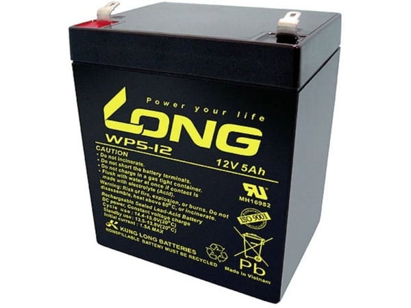Long WP5-12/F1 blybatteri 12 V 5 Ah blyfleece (B x H x T) 90 x 107 x 70 mm flatkontakt 4,8 mm lav selvutladning, vedlikeholdsfritt