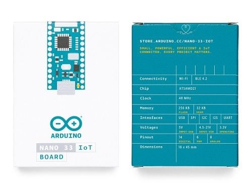 Arduino Nano 33 IoT, ATSAMD21G18, 48 Mhz, 256 KB, 32 KB, 21 V, 3.3 V