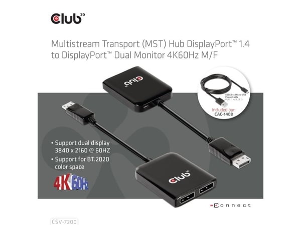 CLUB3D MST hub DisplayPort 1.4 to DisplayPort + HDMI 4K60Hz M/F, 1 m, DisplayPort, HDMI + DisplayPort, Uros, Naaras, Suora