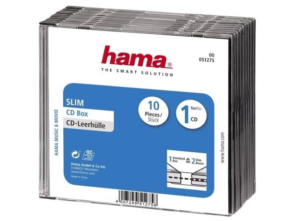 Hama CD Slim Jewel Case, pack 10, 1 levyt, Läpinäkyvä, 142 mm, 125 mm, 50 mm, 350 g