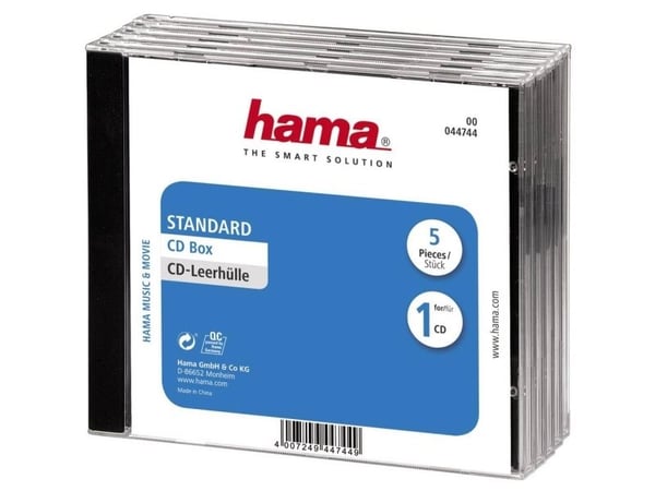 Hama CD Jewel Case Standard, Pack 5, C-shell-kotelo, 1 levyt, Musta, Läpinäkyvä, Polystyreeni, 140 mm, 10,4 mm