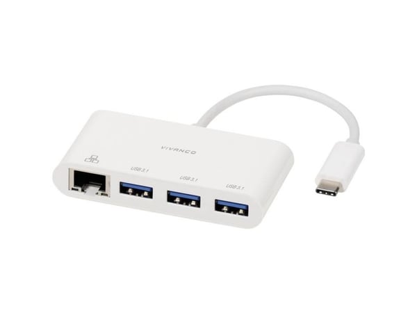 Vivanco CC UC UA3RJ45, USB 3.2 Gen 1 (3.1 Gen 1) Type-C, Valkoinen, RJ-45, USB 3.2 Gen 1 (3.1 Gen 1) Type-A, 0,9 A, Windows 10, Windows 7, Windows ...
