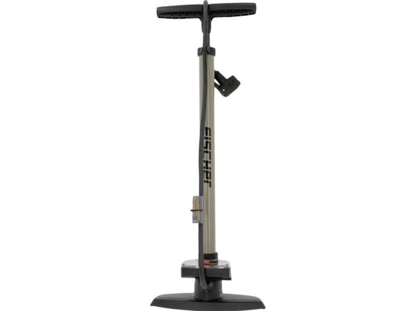 FISCHER sykkel-standpumpe Duokopf, for alle ventiler, robust fotpumpe i plast med manometer, 1 stk (85580)