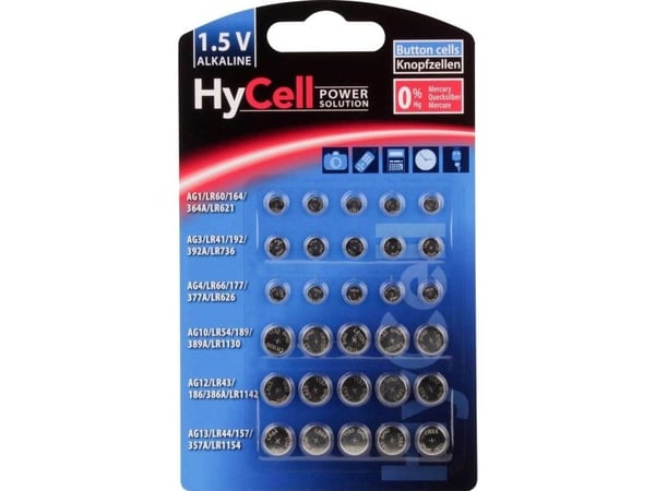 HyCell 5015473, Engangsbatteri, LR60, LR66, LR41, LR43, LR44, LR54, Alkalinsk, 1,5 V, 30 stykker, Sølv