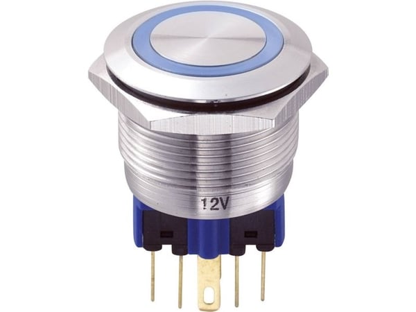 TRU COMPONENTS GQ22-11E/B/12V Kiinteä painonappi 250 V/AC 5 A 1 x On/(On) Kosketus Sininen IP65 1 kpl 1 kpl
