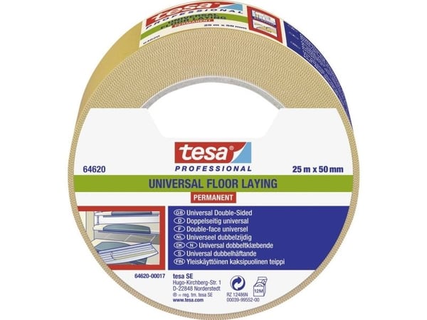 Tesa dobbeltkl. tape 25mx50mm - Tesa 64620 hvid, PP-tape m/klæber af syntetisk gummi