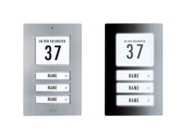 m-e modern-electronics 41067 ringetavle med adressfelt, med navneskilt 3-familiehus i rustfritt stål 12 V/1 A (41067)