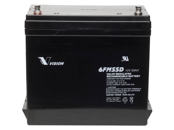 Vision batteri 6FM55DX blybatteri 12 V 55 Ah 239 x 210 x 132 mm M6 skrutilkobling – vedlikeholdsfritt, syklusstabilt