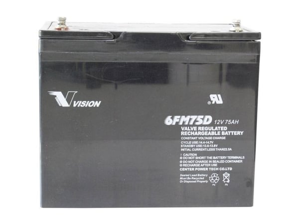 Vision Akkus 6FM75DX blybatteri 12 V 75 Ah blyfleece (258 x 215 x 166 mm) M6 skruetilkobling, vedlikeholdsfritt, syklusstabilt