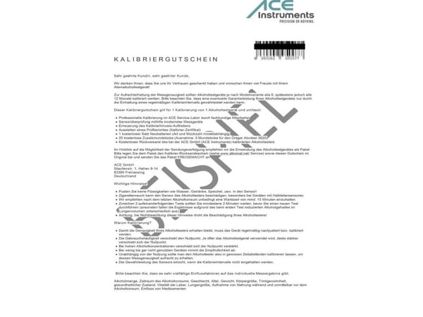 ACE 100082 Kalibreringscertifikat