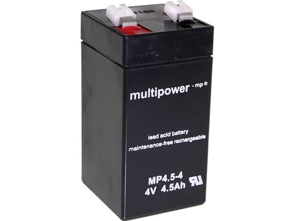 multipower MP4.5-4 A960445 Lyijyakku 4 V 4,5 Ah Lyijyakku (B x K x S) 48 x 100 x 52 mm Litteä liitin 6,35 mm Huoltovapaa, vähäinen itsepurkautuminen