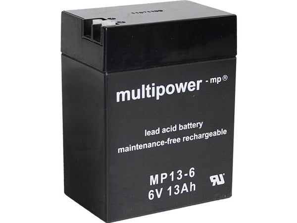 multipower MP13-6 A96801 Lyijyakku 6 V 13 Ah Lyijyakku (B x K x S) 108 x 140 x 70 mm Litteä liitin 4,8 mm, Litteä liitin 6,35 mm Huoltovapaa, vähäi...