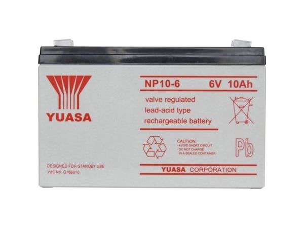 Yuasa NP10-6 blybatteri 6 V 10 Ah blyfleece 151 x 97,5 x 50 mm flatkontakt 4,8 mm vedlikeholdsfritt VDS