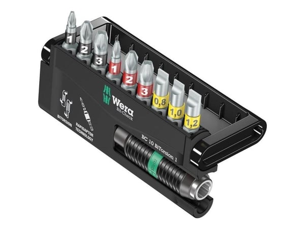 Wera Bit-Check 10 BiTorsion 1 - Screwdriver bit and bit holder set - 10 delar - phillips, pozidriv, slot - PH1, PH2, PH3, PZ1, PZ2, PZ3, SL5.5, SL6...