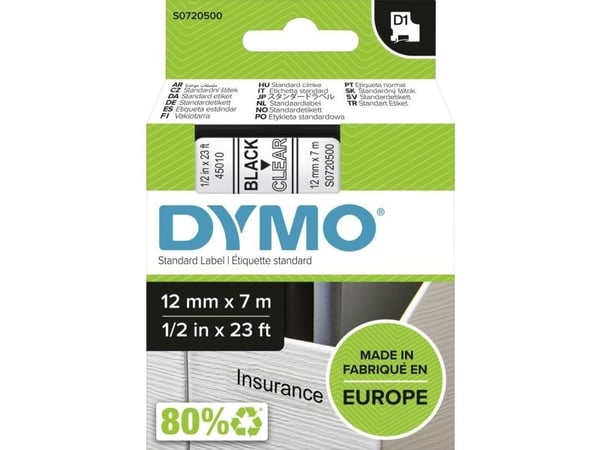 Labeltape DYMO® D1 sort på klar 12mm x 7m