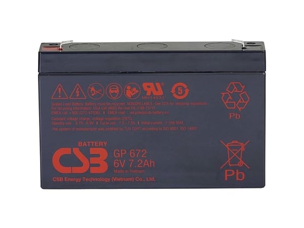 CSB Battery GP 672 standby UPS blybatteri 6 V 7,2 Ah blyfleece (B x H x T) 151 x 101 x 34 mm, flattstift 4,8 mm / 6,35 mm, vedlikeholdsfritt