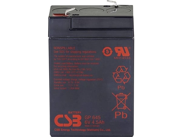 CSB Battery GP 645 standby UPS blybatteri 6 V 4,5 Ah bly 70 x 107 x 48 mm flatkontakt 4,8 mm vedlikeholdsfritt lav selvutlading