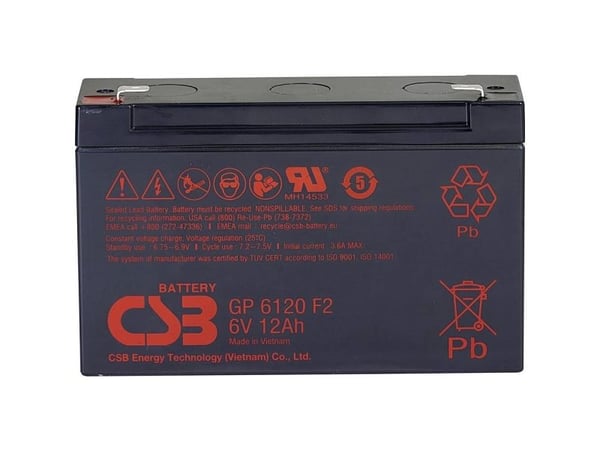 CSB batteri GP 6120 standby - blybatteri 6 V 12 Ah blyfleece (B x H x T) 151 x 101 x 50 mm - flatt stikk 4,8 mm/6,35 mm - vedlikeholdsfritt