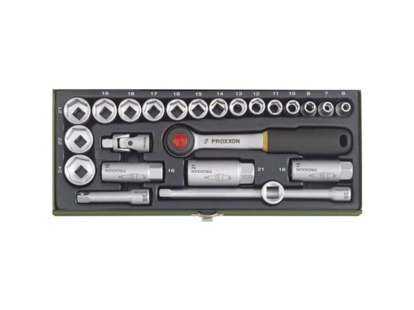 Proxxon 23110, Støpselsett, 3/8", Metrisk, 24 hoder, 6,7,8,10,11,12,13,14,15,16,17,18,19,21,22,24 mm, Kromfarget