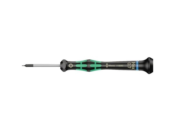 Wera 2054 Elektroniikka ja hienomekaniikka Kuusikulmainen ruuvimeisseli Avaimen leveys: 0,7 mm Terän pituus: 40 mm Mitat, pituus: 137 mm
