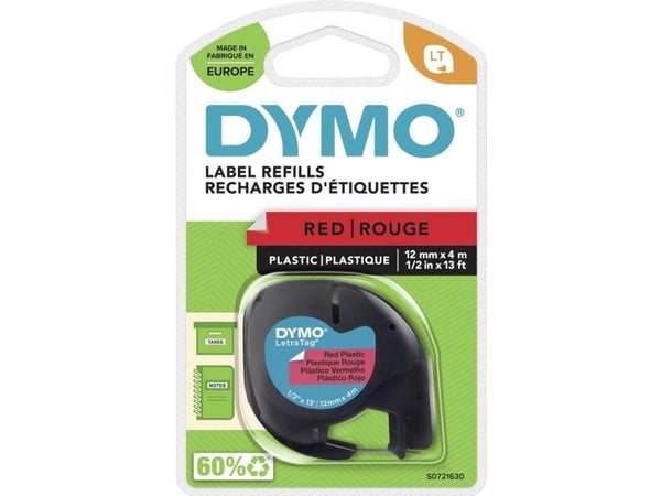 Labeltape DYMO LetraTAG 12mm x 4m rød plasttape
