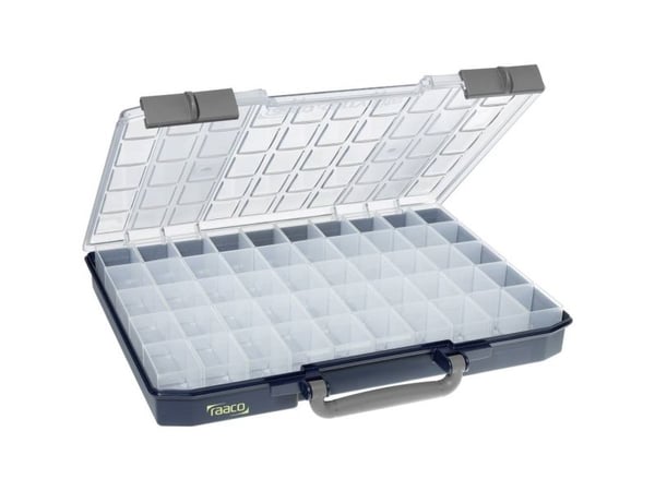 raaco CarryLite 55, Verktøy boks, Polykarbonat (PC), Polypropylen, Blå, Gjennomsiktig, 10 kg, Hengsel, 413 mm