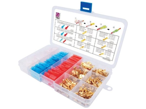 TRU COMPONENTS T1809C019 Fladstik sortiment Rød, Blå , Transparent, Messing 320 Teile