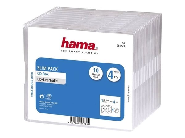 Hama CD Slim Pack 4, pack 10, 4 diskar, Transparent, 143 mm, 125 mm, 105 mm, 608 g