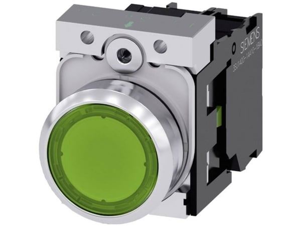 Siemens 3SU11520AB401BA0 3SU1152-0AB40-1BA0 Kevyt painonappi Eturengas metallia, kiiltävä, ohjauspainike tasainen Vihreä 1 kpl