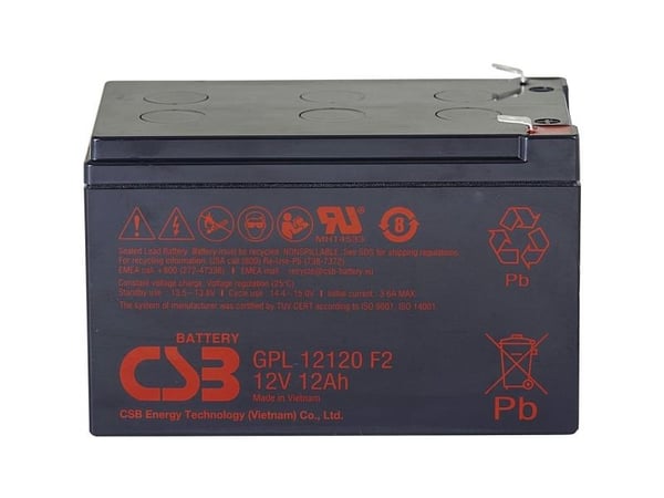 CSB Battery GPL 12120 blybatteri 12 V 12 Ah blyfleece 151 x 100 x 98 mm flatstift 6,35 mm vedlikeholdsfritt lav selvutlading