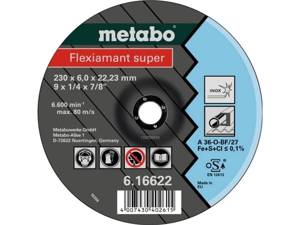 Metabo 616610000, Slipeskive, Rustfritt stål, 8500 o/min, Blå, Grå, Rund, 2,22 cm