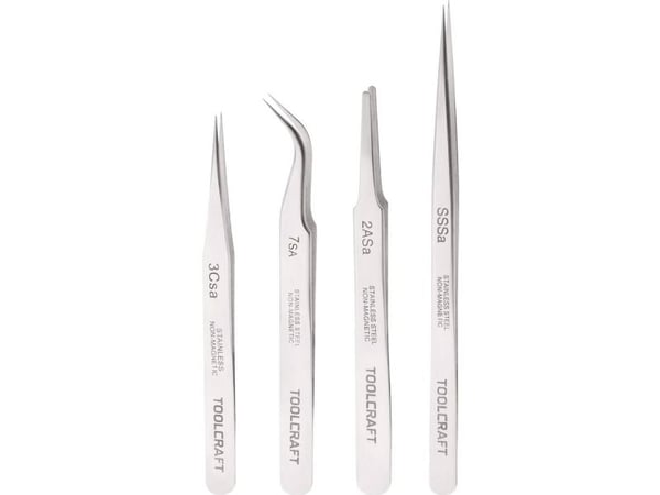 TOOLCRAFT 816747 Pincett set 4 st SS SA, 2a SA, 7 SA, 3c SA Plattrund, Spets, böjd 55°, Spets, Spets, smal