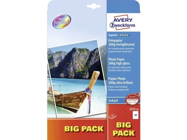 Avery Zweckform Superior Inkjet Photo Paper 2572 - Högblank - vit - A4 (210 x 297 mm) - 200 g/m² - 50 ark fotopapper