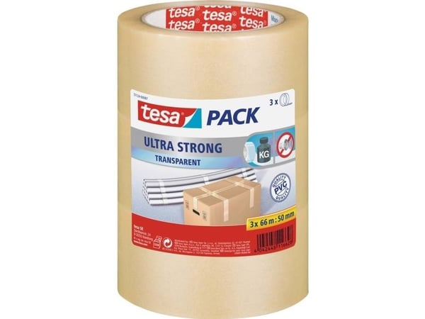 TESA packtejp Tesapack® Ultra Strong transparent 66 m x 50 mm (innehåll: 3 rullar) (51124-07-01)