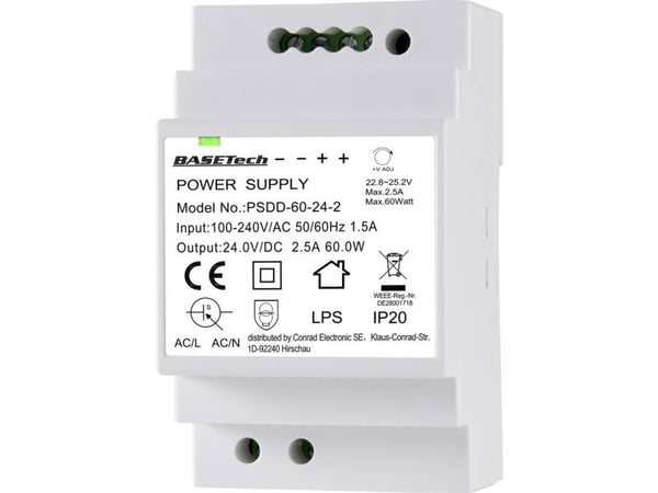 BASETech PSDD-60-24-2, PS-transformator, Hvit, Overbelastning, Plast, 100 - 240 V, 50 - 60 Hz