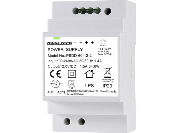 BASETech PSDD-60-12-2, PS-transformator, Hvit, Overbelastning, 100 - 240 V, 50 - 60 Hz, 12 V