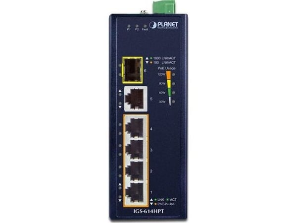 PLANET IGS-614HPT - Switch - ikke-styrt - 4 x 10/100/1000 (PoE+) + 1 x 10/100/1000 + 1 x 1000Base-X SFP - DIN-skinnemonterbar, veggmonterbar - PoE+...