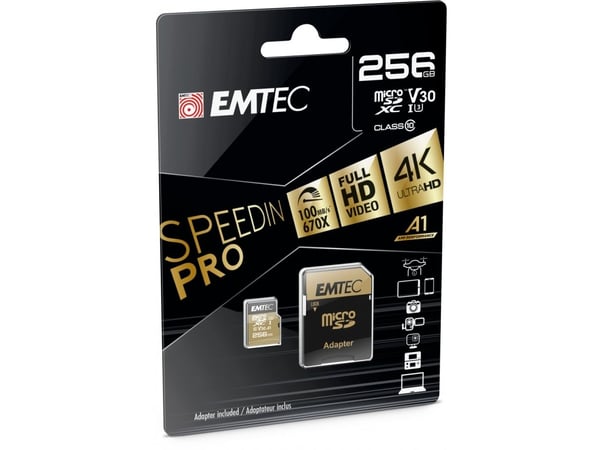 EMTEC SpeedIN' PRO - Flashminnekort (microSDHC til SD-adapter inkludert) - 256 GB - A1 / Video Class V30 / UHS-III U3 / Class10 - microSDXC UHS-I