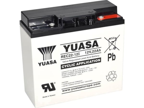 Yuasa REC22-12 blybatteri 12 V 22 Ah Blyfleece (181 x 167 x 76 mm) M5 lav selvutladning, lett vedlikehold, syklusstabilt