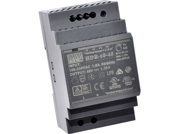 MEAN WELL HDR-60-12, 85 - 264 V, 60 W, 12 V, 4,5 A, RoHS, 52,5 mm