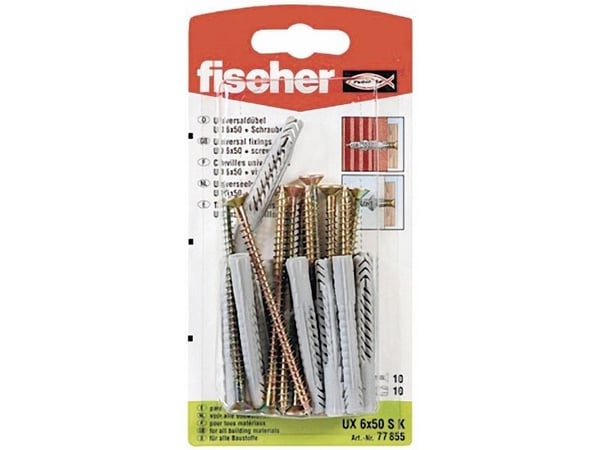 Fischer UX 6 x 50 S, Skrue- og veggpluggsett, Betong, Grå, 50 mm, 6 mm, 6,5 cm