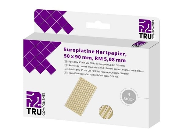 TRU COMPONENTS europrintplate hardt papir (L x B) 90 x 50 mm, 35 µm, rutenett 5,08 mm, 4 stk