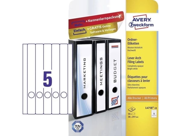 Avery L4758-10, Hvit, Papir, 38 x 297 mm, 50 stykker, 10 ark, 210 x 297 mm